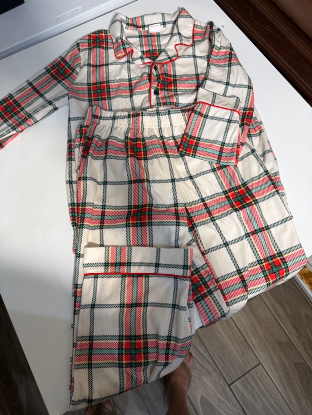 Cat & Jack Cream Plaid Pajama Set with Red & Green Trim